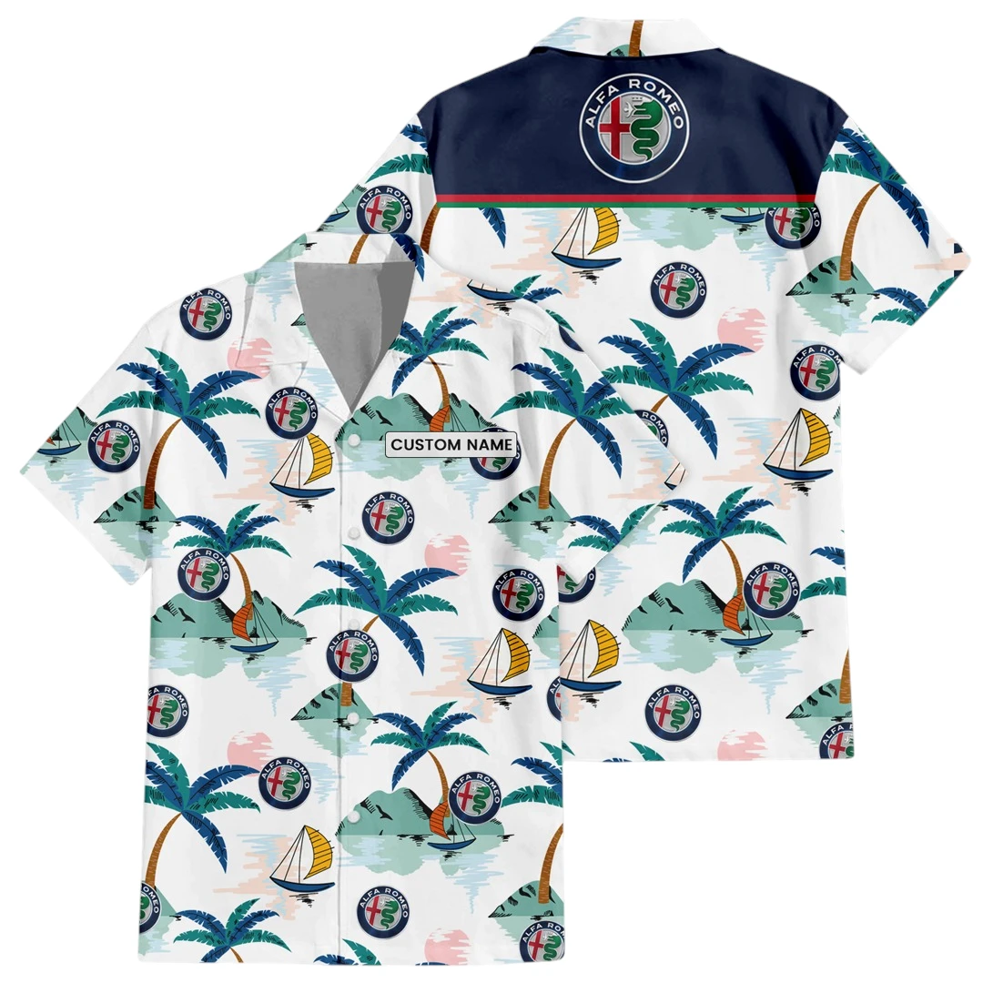 Alfa Romeo Exclusive Logo Button Up Hawaiian Shirt Tropical Landscape Pattern All-over Print, Custom Name HIDI170225Y7HWLS2ALR