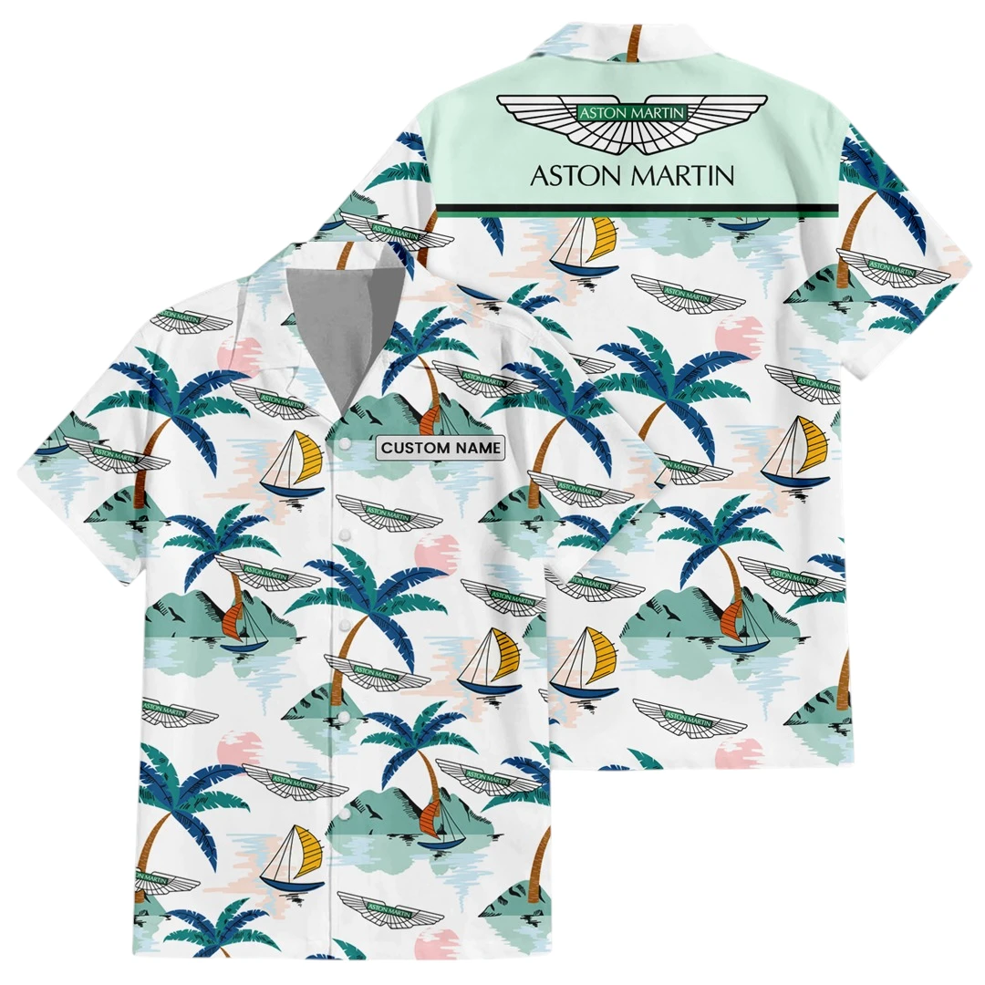 Aston Martin Exclusive Logo Button Up Hawaiian Shirt Tropical Landscape Pattern All-over Print, Custom Name HIDI190225Y7HWLS2ASM