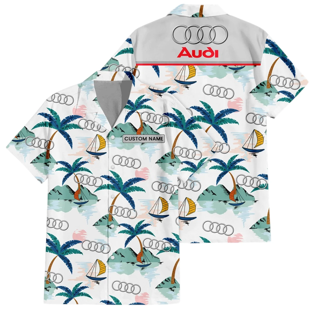 Audi Exclusive Logo Button Up Hawaiian Shirt Tropical Landscape Pattern All-over Print, Custom Name HIDI180225Y7HWLS2AUD