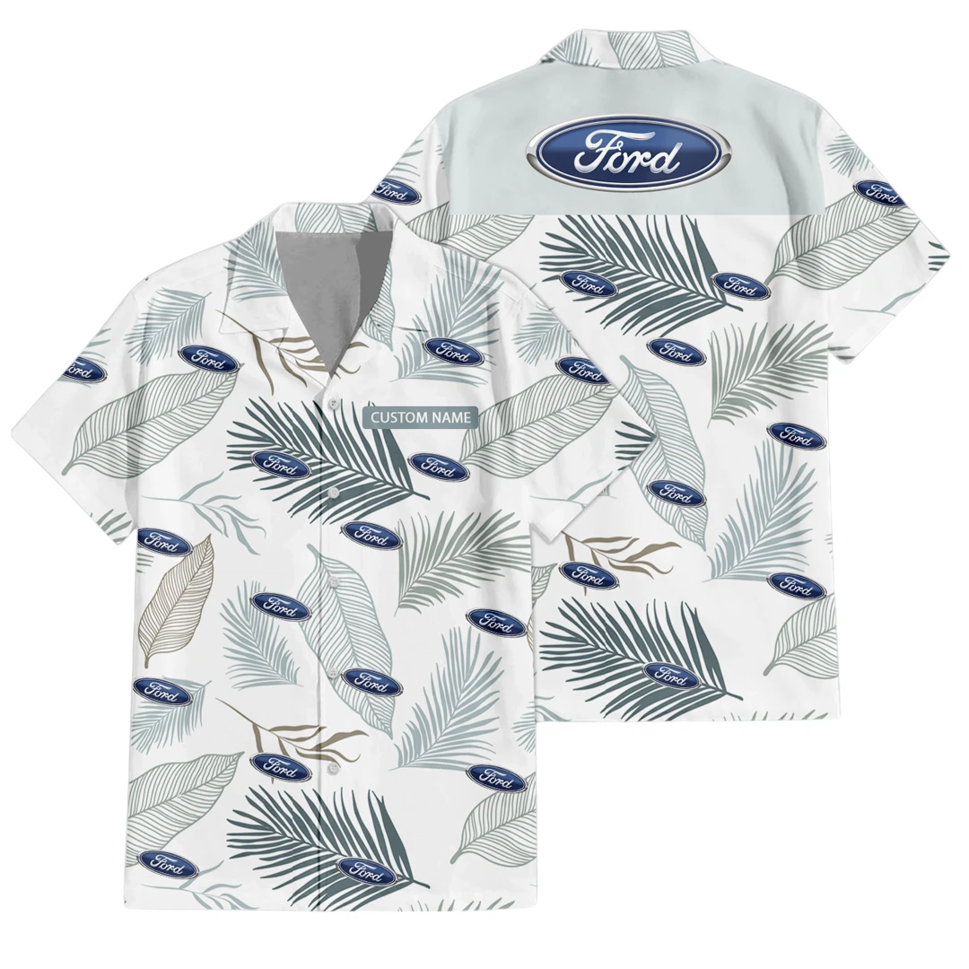 Ford Exclusive Logo Button Up Hawaiian Shirt Tropical Leaves Seamless Pattern All-over Print, Custom Name HIHI170125Y7HWLS1FOR