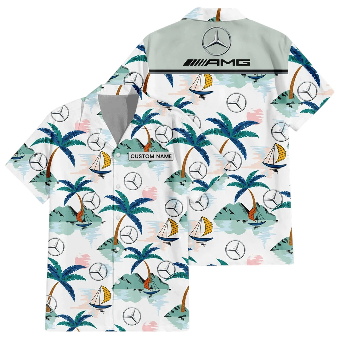 Mercedes AMG Exclusive Logo Button Up Hawaiian Shirt Tropical Landscape Pattern All-over Print, Custom Name HIDI190225Y7HWLS2AMG