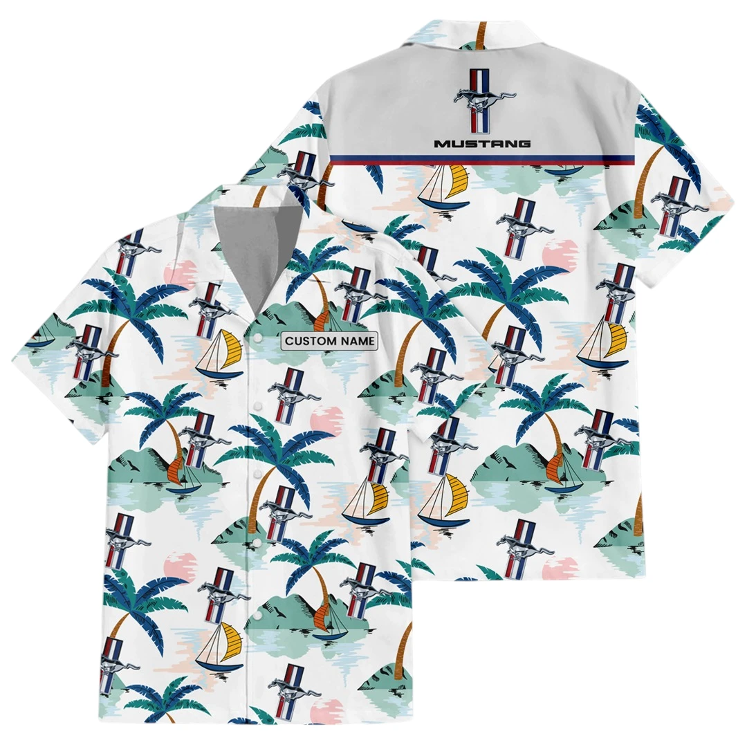 Mustang Exclusive Logo Button Up Hawaiian Shirt Tropical Landscape Pattern All-over Print, Custom Name HIDI190225Y7HWLS2MUS