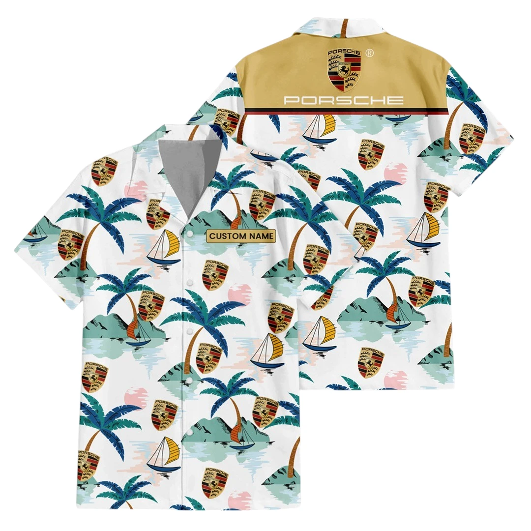 Porsche Exclusive Logo Button Up Hawaiian Shirt Tropical Landscape Pattern All-over Print, Custom Name HIDI210225Y7HWLS2POR