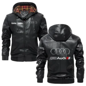 Audi Sport Racing Exclusive Logo Hooded Jacket PU Leather x Durable Windproof Warm Soft Checkered Lining, Custom Name HG280325Y47JHLCT1AUS