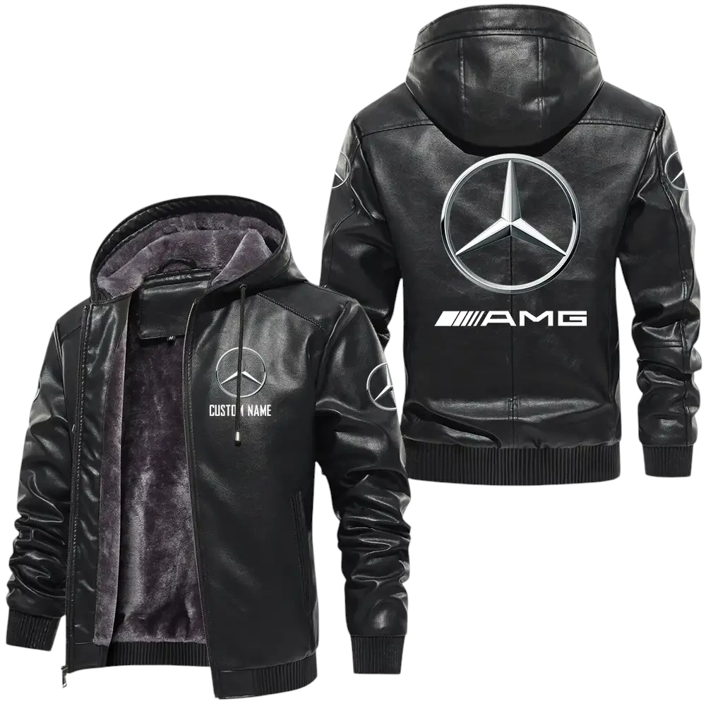 AMG PU Leather Hooded Jacket, Mens Durable Windproof Keep Warm Soft Velvet Lined Jacket, Custom Name HG030325Y24LJHAMG