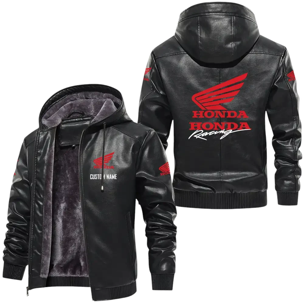 Honda Motor PU Leather Hooded Jacket, Mens Durable Windproof Keep Warm Soft Velvet Lined Jacket, Custom Name HG040325Y24LJH1HOM