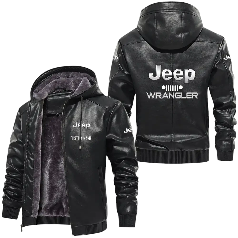 Jeep Wrangler PU Leather Hooded Jacket, Mens Durable Windproof Keep Warm Soft Velvet Lined Jacket, Custom Name HG040325Y24LJH1JEW