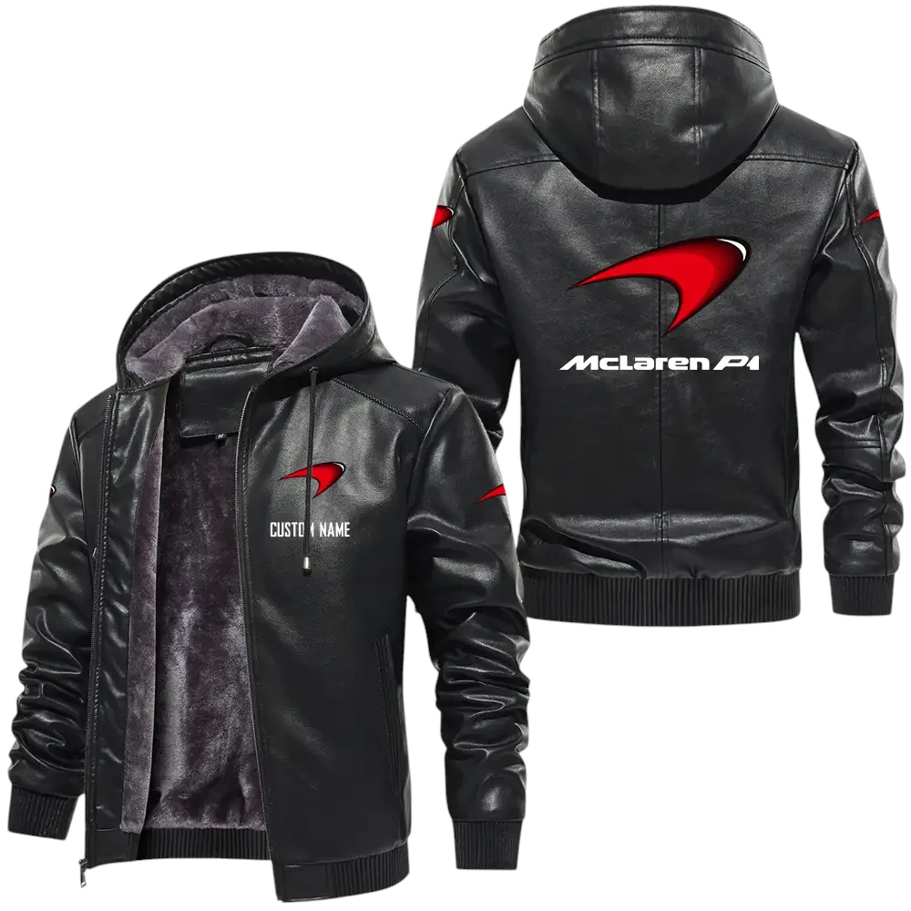 McLaren PU Leather Hooded Jacket, Mens Durable Windproof Keep Warm Soft Velvet Lined Jacket, Custom Name HG050325Y24LJH2MCL