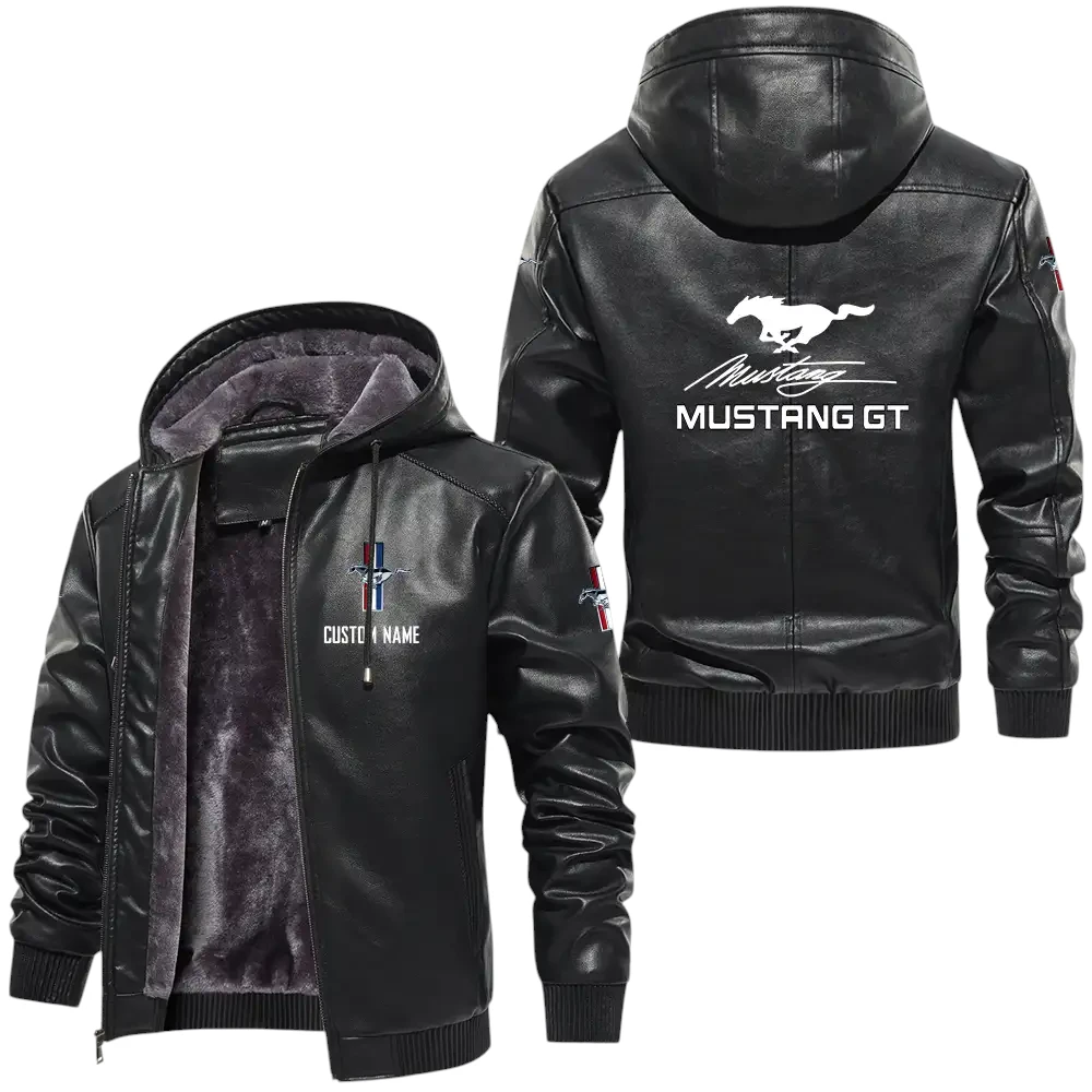 Mustang Gt PU Leather Hooded Jacket, Mens Durable Windproof Keep Warm Soft Velvet Lined Jacket, Custom Name HG050325Y24LJH1MUS