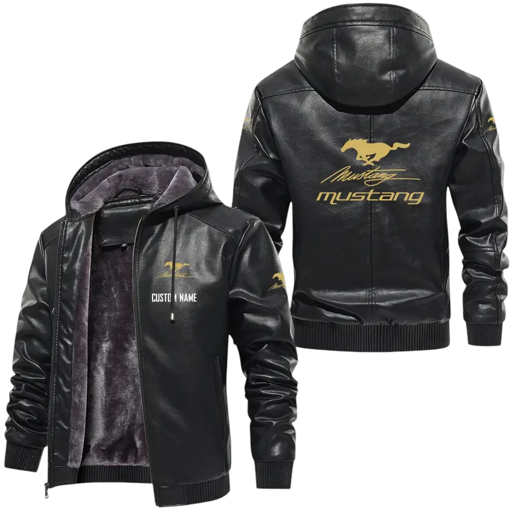 Mustang Racing PU Leather Hooded Jacket, Mens Durable Windproof Keep Warm Soft Velvet Lined Jacket, Custom Name HG050325Y24LJH2MUS