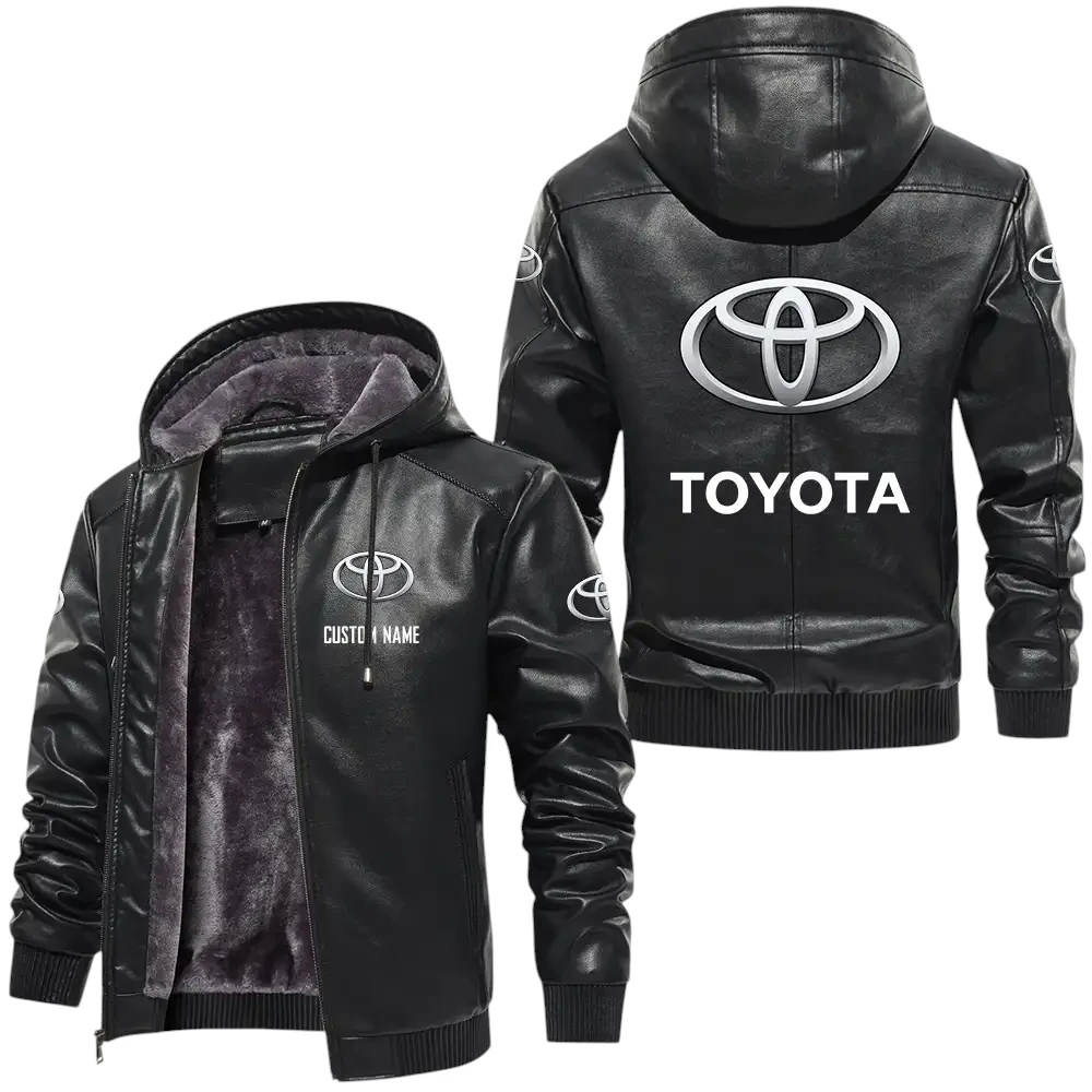 Toyota Motor Corporation PU Leather Hooded Jacket, Mens Durable Windproof Keep Warm Soft Velvet Lined Jacket, Custom Name HG060325Y24LJH1TMC