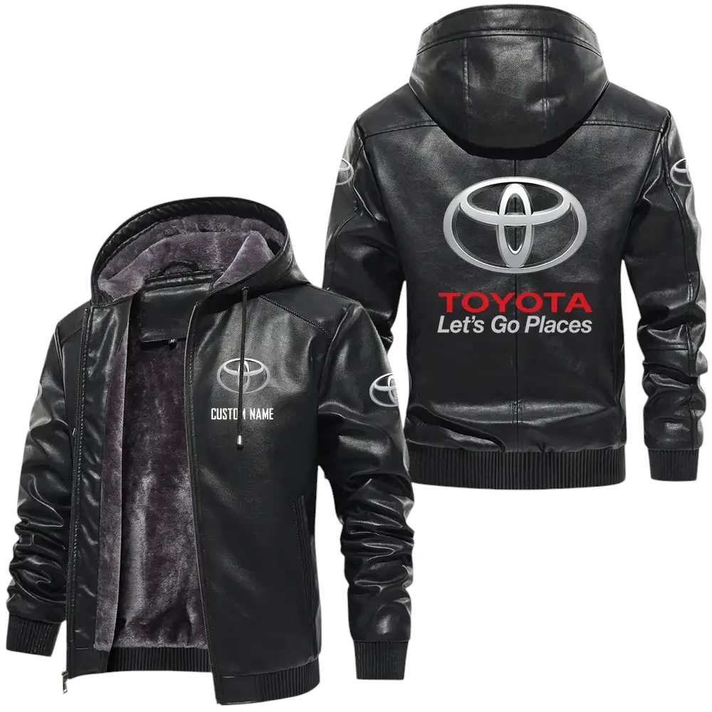 Toyota PU Leather Hooded Jacket, Mens Durable Windproof Keep Warm Soft Velvet Lined Jacket, Custom Name HG060325Y24LJH2TOY