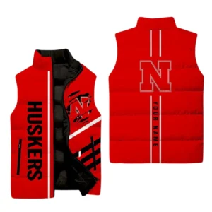 Nebraska Huskers Sleeveless Puffer Jacket Plus Size, Stand Collar Custom Name TN110625Y59SPJCT1NCNEC